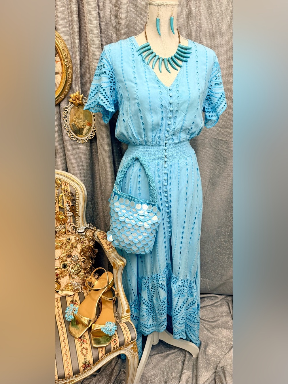 Turquoise Blue Eyelet Maxi Dress with Sequin Bucket Bag, Jewelry and Shoe Clips